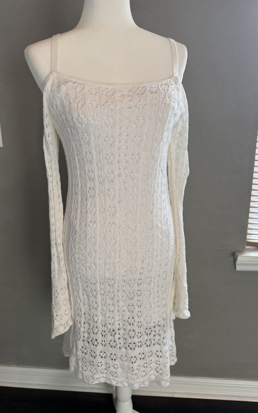 VENUS Dress or Swimsuit Cover Up Cold Shoulder LS Lace White Small Fully Lined